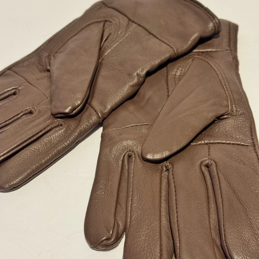GLOVES Women’s Gloves Brown Faux Leather Bows Fur Lined Soft Driving Fashion EUC